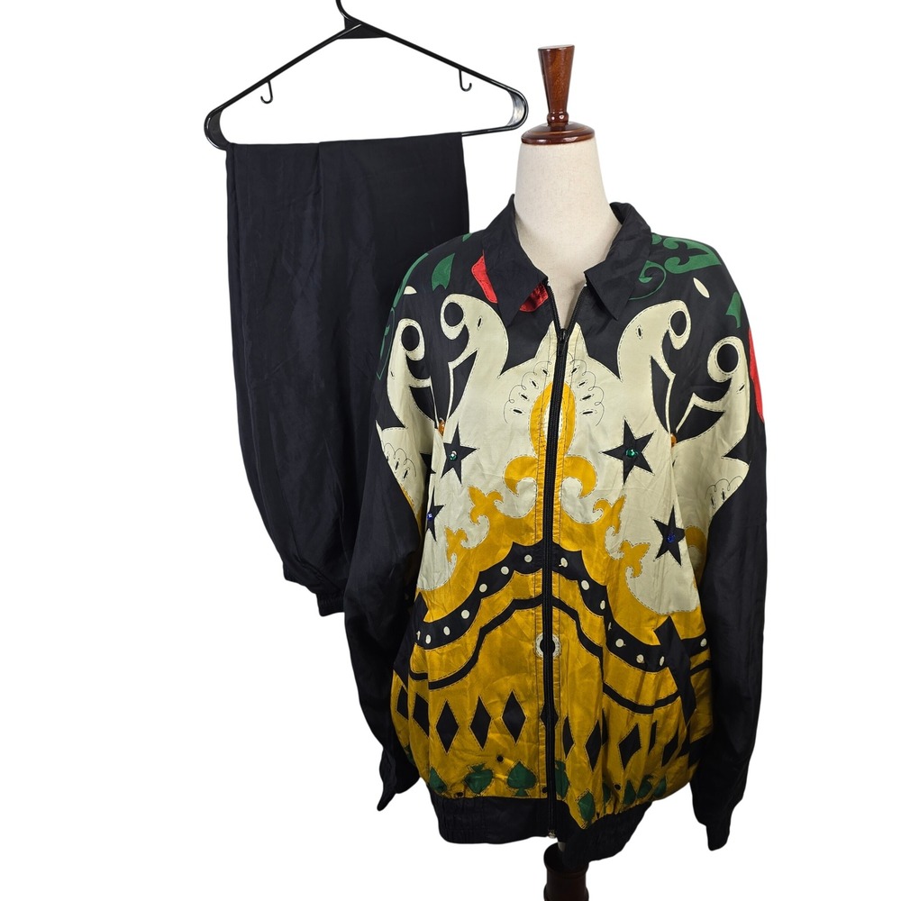 Vintage Shangrita Silks 100% Silk Tracksuit Set XL Black Yellow Stars Beaded 90s